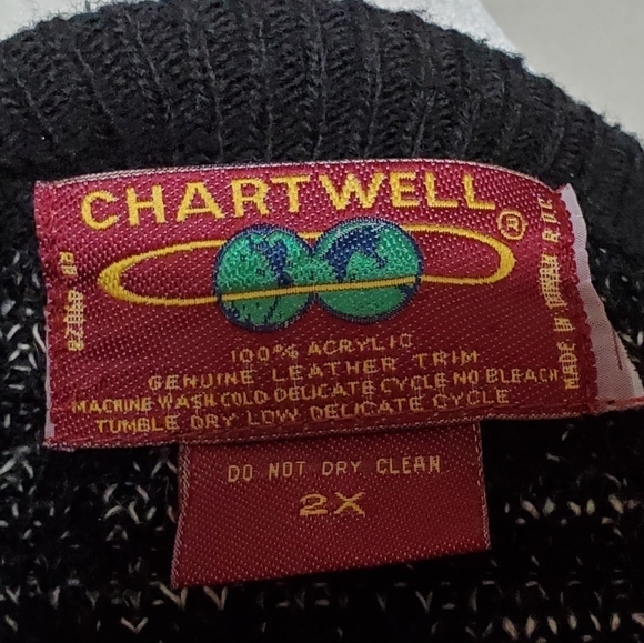 𝅺VINTAGE Chartwell Black Gray Knit Leather Trim V-neck Funky Pull-over Cardigan - Picture 13 of 13